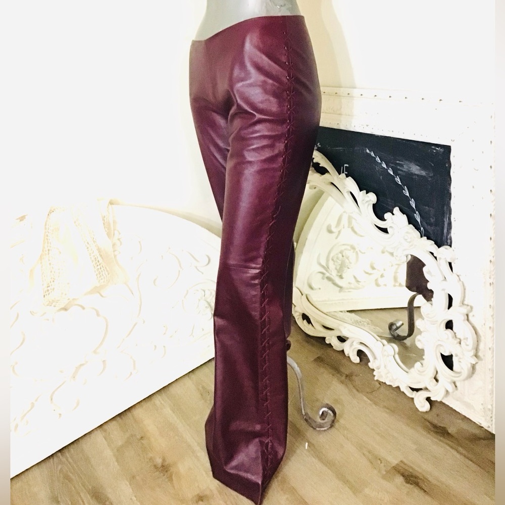 Rebecca Taylor Burgundy Flare Leather Trousers Side Stitching
